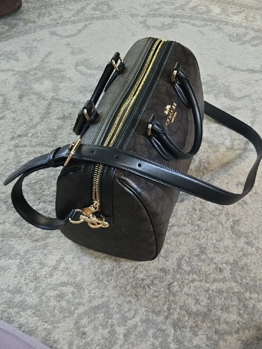 Coach Rowan Signature Black/Brown Canvas Large Satchel with Gold Hardware